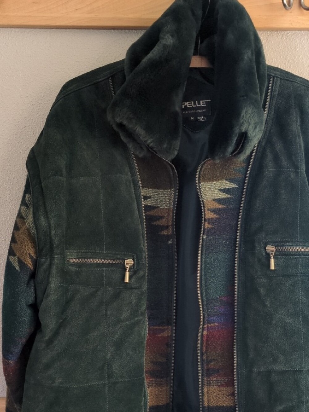 Pelle Dark Green Suede Puffer Jacket with Patterned Wool Sleeves - Picture 3 of 9